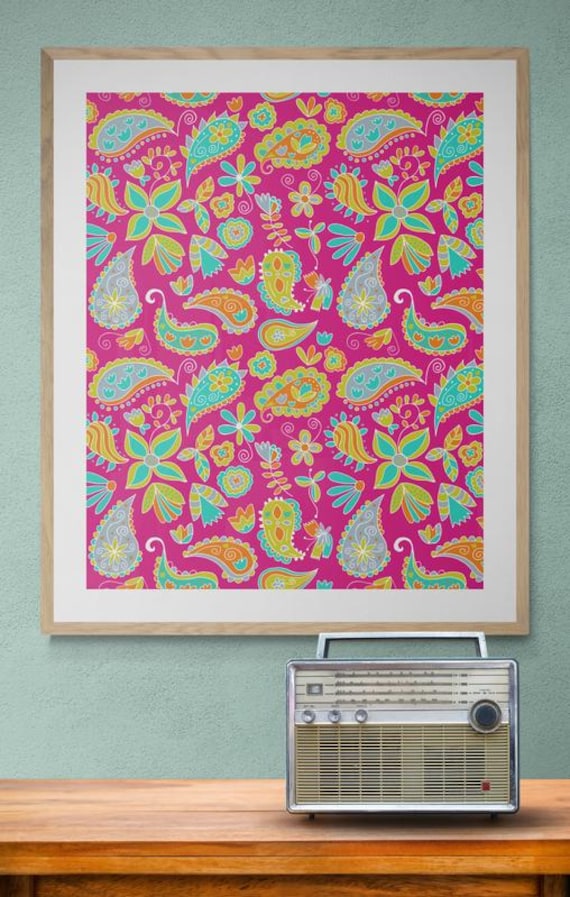 Printable floral paisley pattern on pink, decorative wall art, digital download