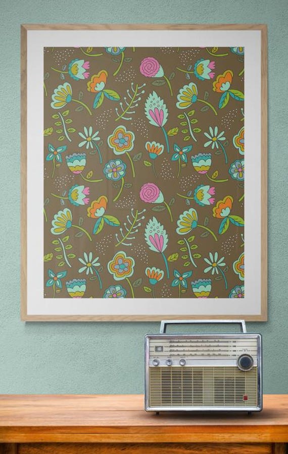 Printable colorful whimsical flowers pattern on brown, decorative wall art, digital download
