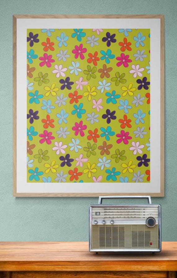 Printable colorful retro flowers pattern on lime green wall art, digital download
