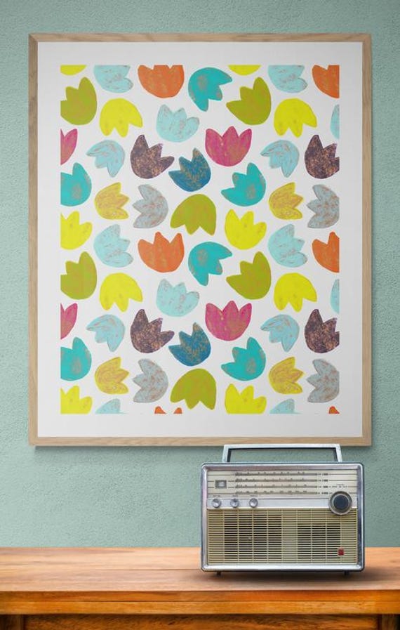 Printable colorful rustic tulips pattern on white, decorative wall art, digital download
