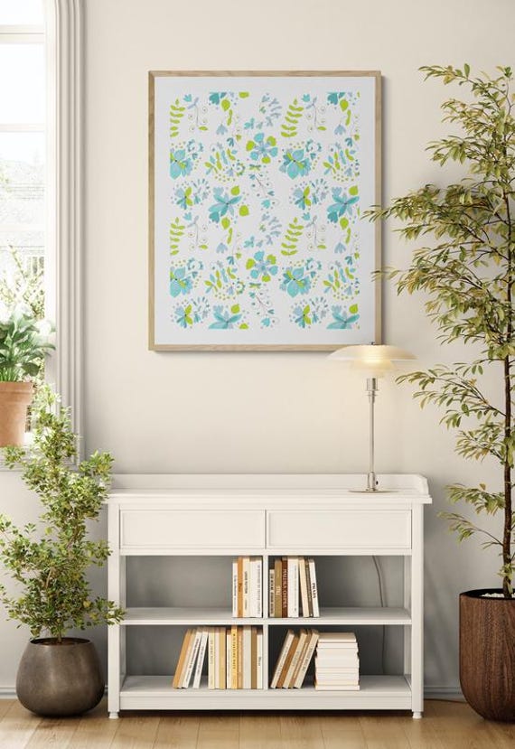 Printable whimsical turquoise flowers pattern on white, decorative wall art, digital download