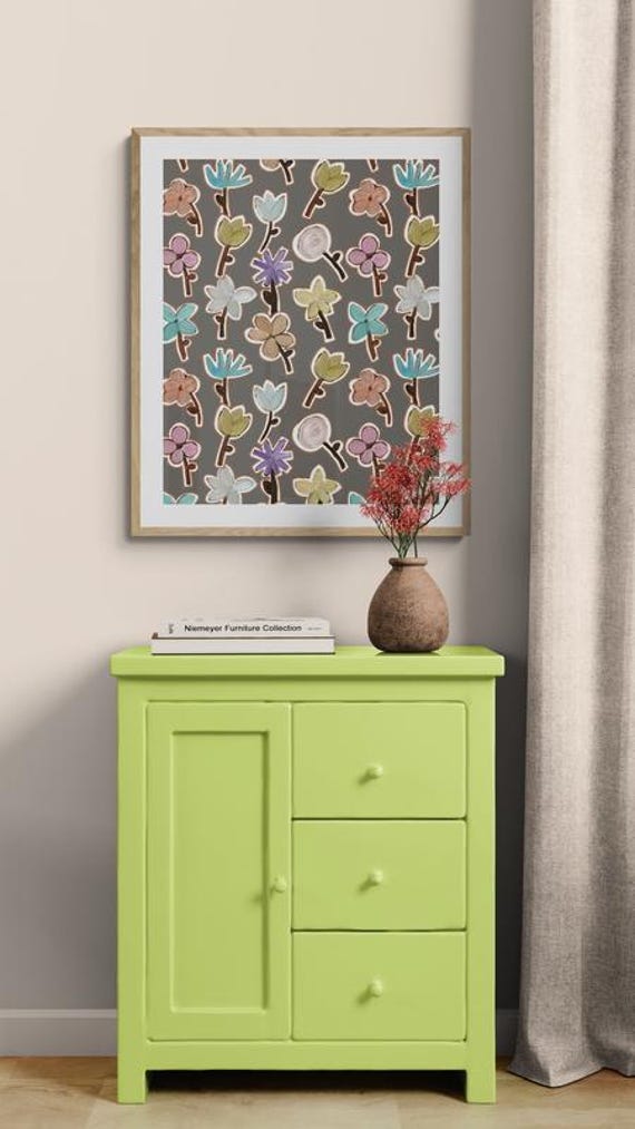 Printable pastel wild flowers pattern on gray wall art, digital download