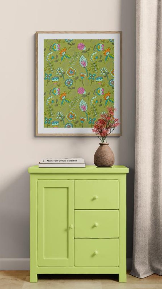 Printable colorful whimsical flowers pattern on olive green, decorative wall art, digital download