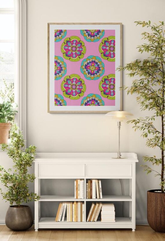 Printable colorful floral mandalas pattern on pink, decorative wall art, digital download