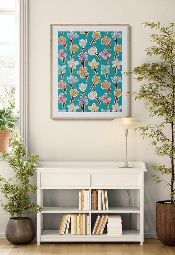 Printable pastel wild flowers pattern on turquoise, decorative wall art, digital download