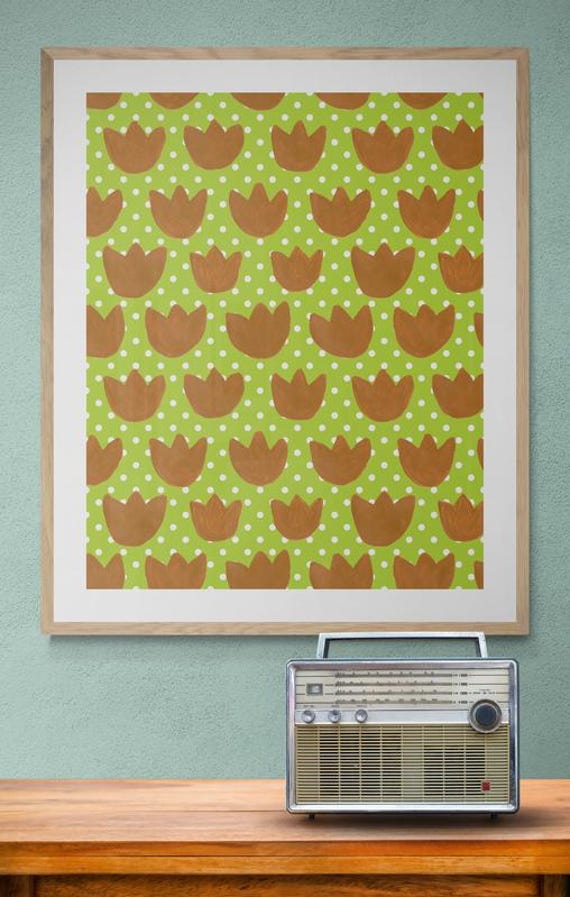 Printable brown rustic tulips pattern on lime green polka dots, decorative wall art, digital download