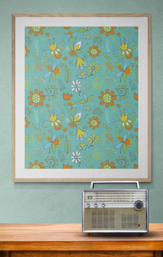 Printable colorful whimsical flowers pattern on turquoise, decorative wall art, digital download