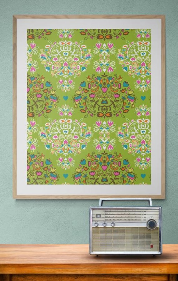 Printable colorful floral damask pattern on lime green, decorative wall art, digital download