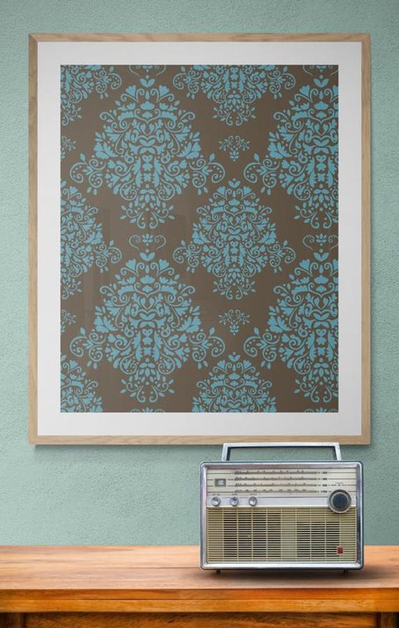 Printable charming steel blue floral damask pattern on brown, decorative wall art, digital download