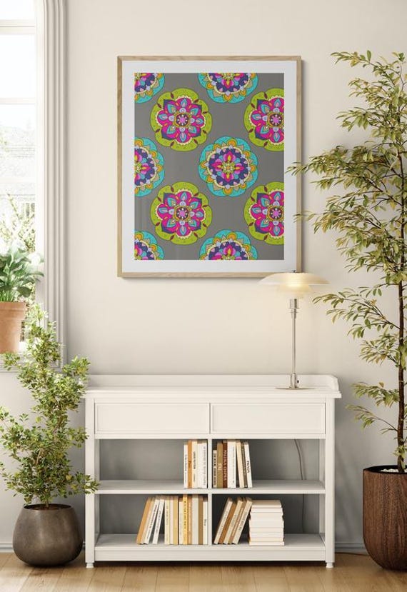 Printable colorful floral mandalas pattern on gray, decorative wall art, digital download