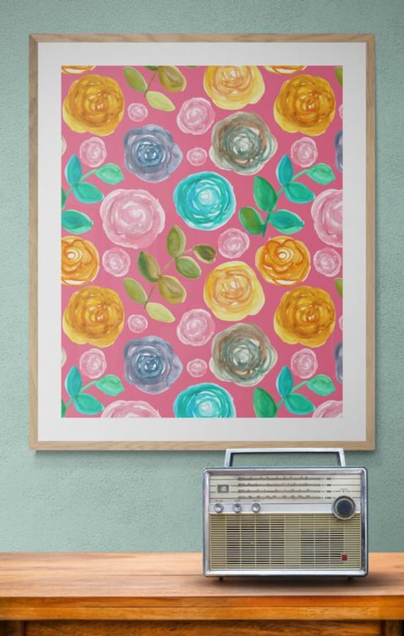 Printable colorful watercolor roses pattern on pink, decorative wall art, digital download