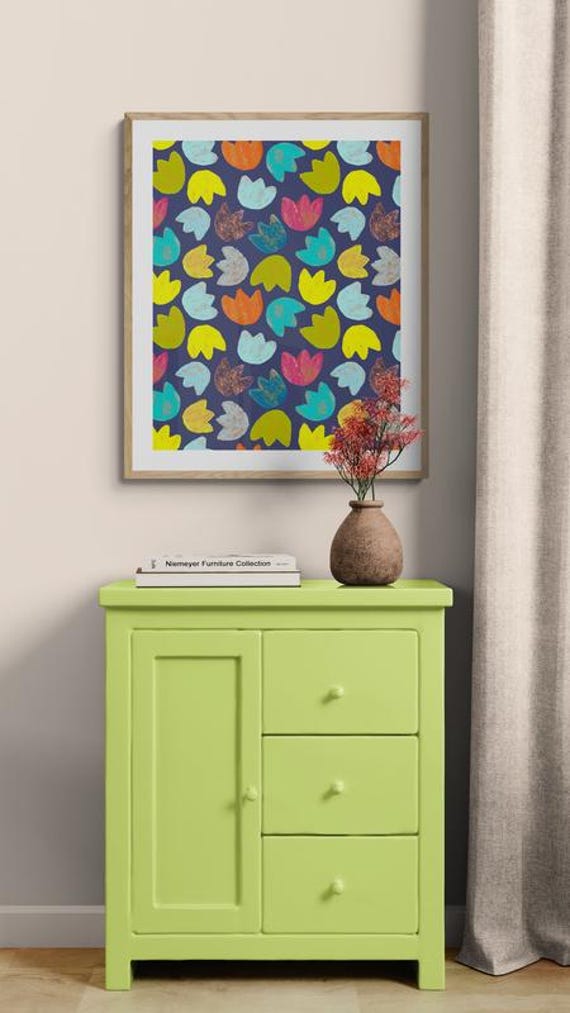 Printable colorful rustic tulips pattern on navy, decorative wall art, digital download