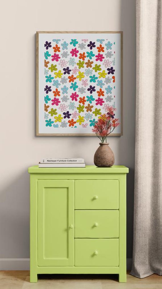 Printable colorful retro flowers pattern on white, decorative wall art, digital download