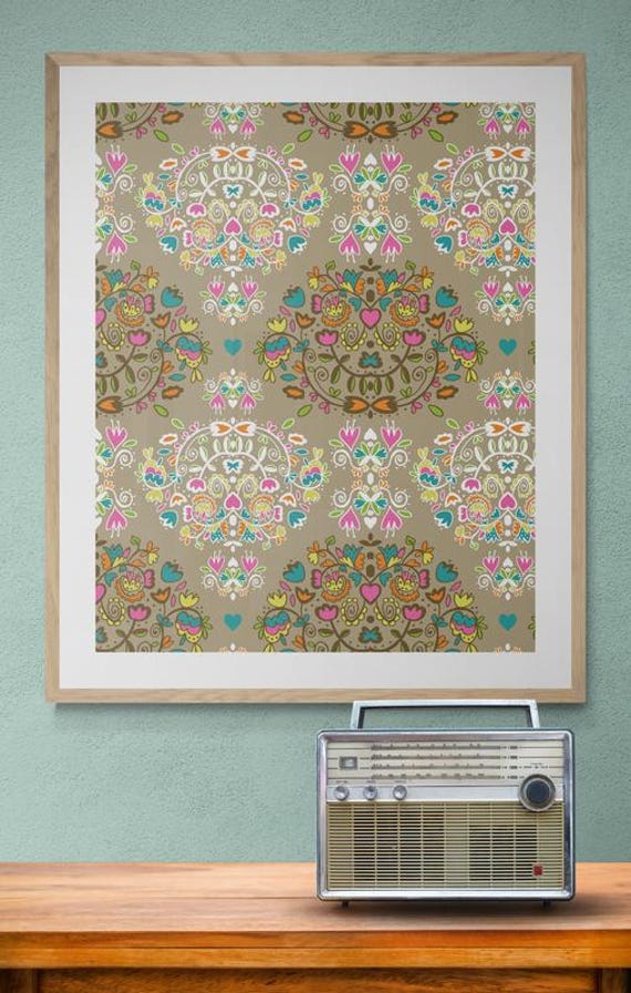 Printable colorful floral damask pattern on beige, decorative wall art, digital download