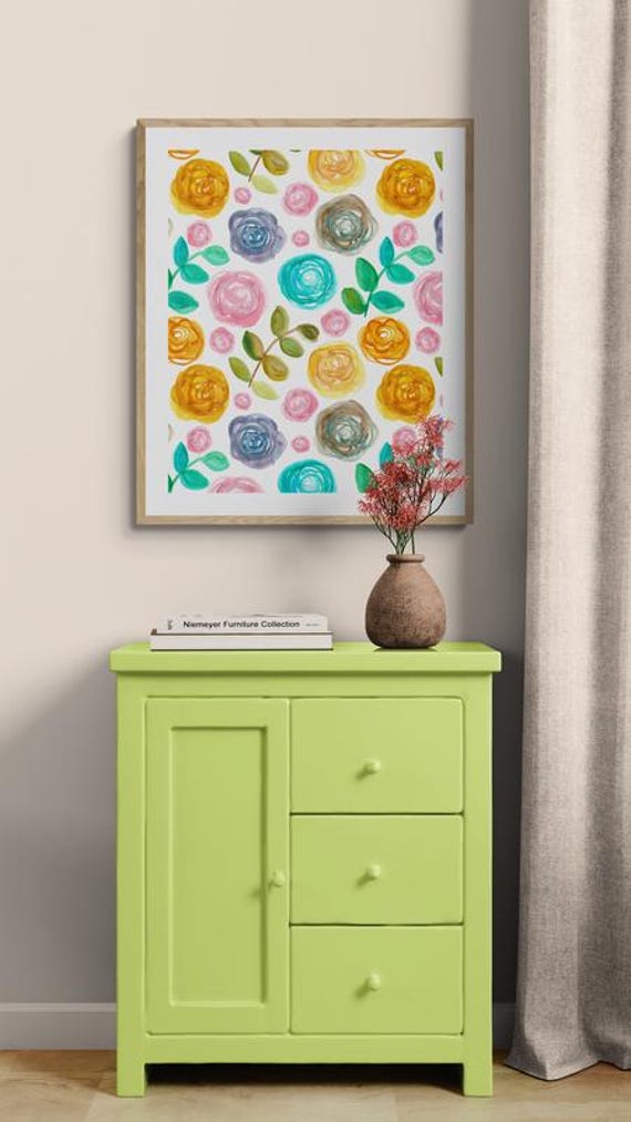 Printable colorful watercolor roses pattern on white, decorative wall art, digital download