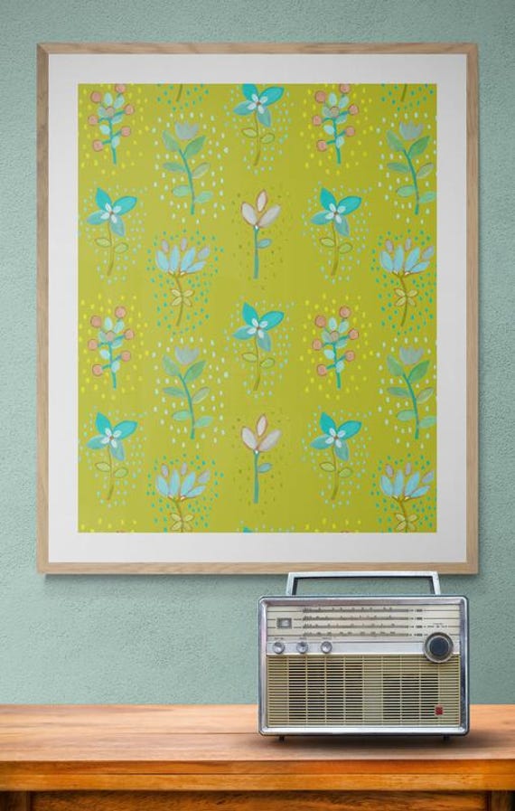Printable turquoise wild flowers pattern on lime green, decorative wall art, digital download