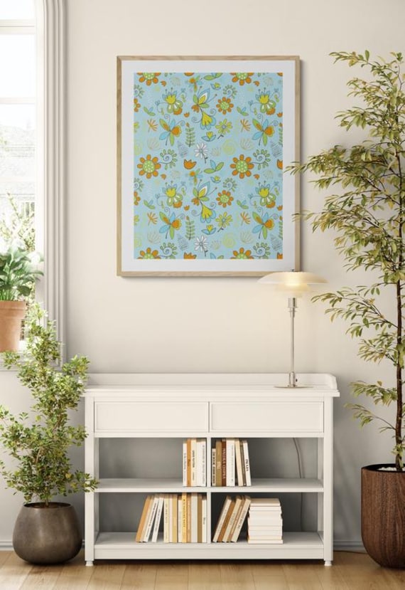 Printable colorful whimsical flowers pattern on sky blue, decorative wall art, digital download