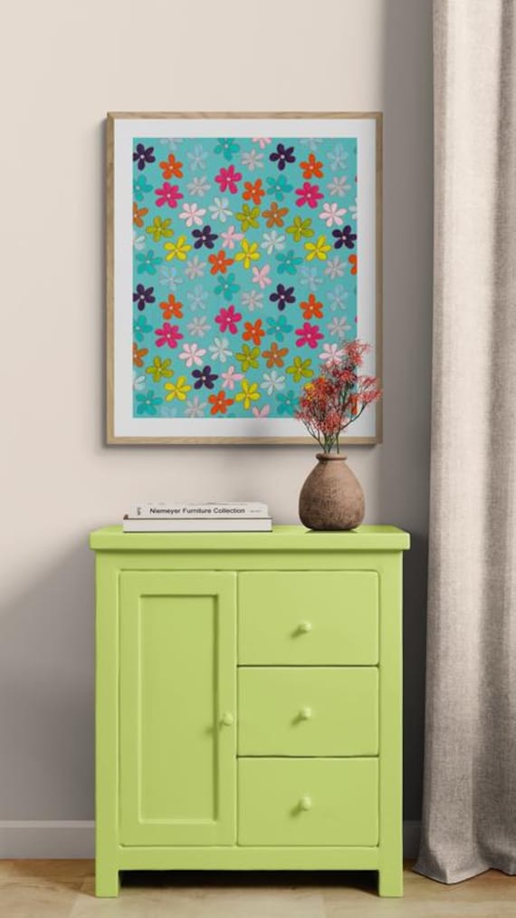 Printable colorful retro flowers pattern on turquoise, decorative wall art, digital download