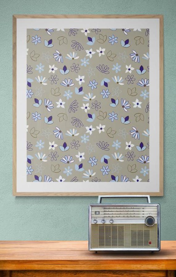 Printable charming blue daisies pattern on beige, decorative wall art, digital download