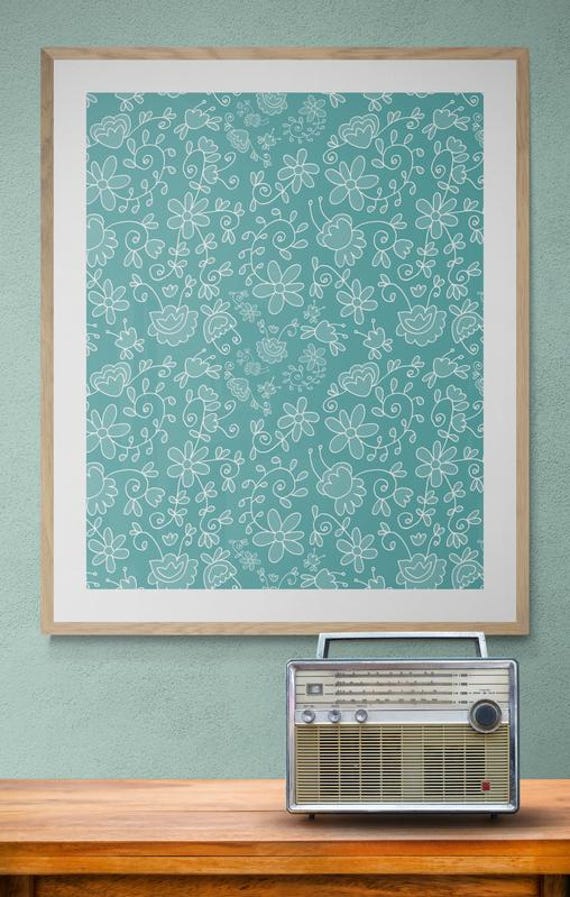 Printable charming white flowers lace pattern on turquoise, decorative wall art, digital download