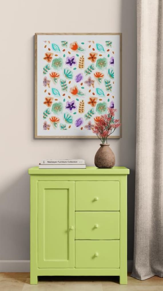 Printable colorful flowers painting pattern on white, decorative wall art, digital download