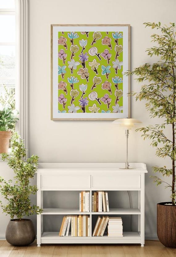 Printable pastel wild flowers pattern on lime green, decorative wall art, digital download