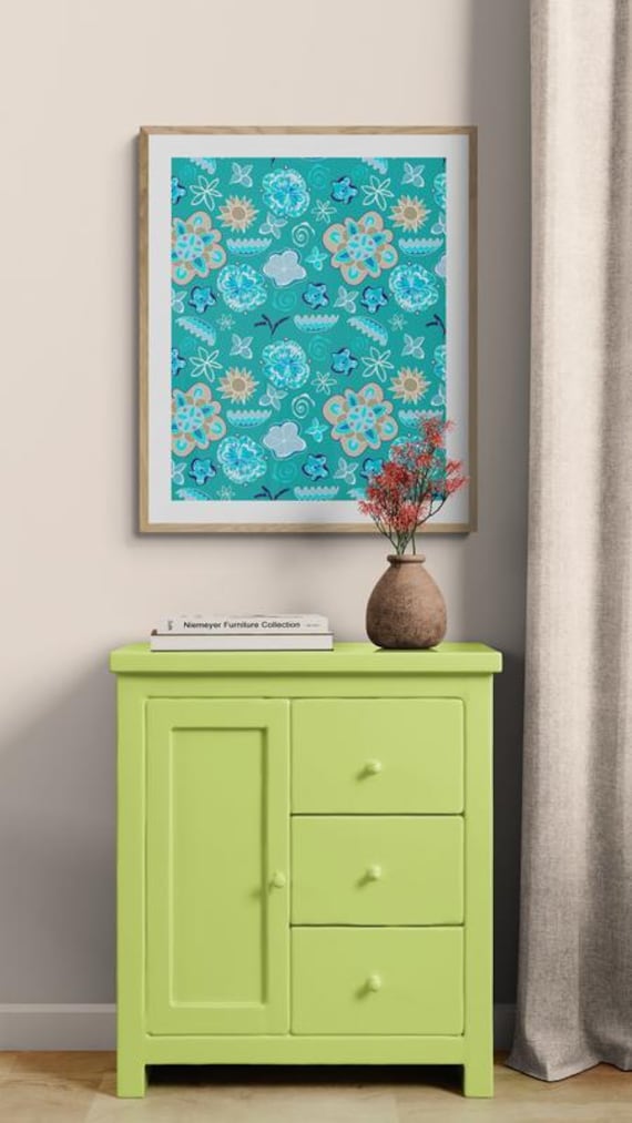 Printable beach flowers pattern on turquoise, decorative wall art, digital download