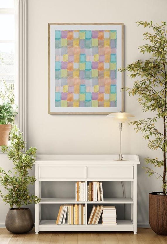 Printable colorful watercolor sqares pattern wall art, digital download