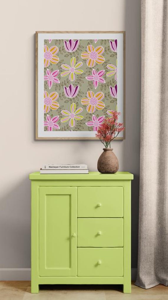 Printable colorful retro flowers & foliage pattern on beige, decorative wall art, digital download