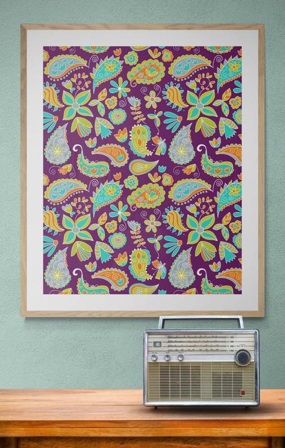 Printable floral paisley pattern on purple, decorative wall art, digital download