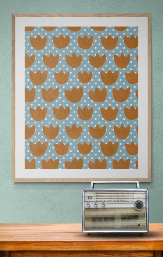 Printable brown rustic tulips pattern on steel blue polka dots, decorative wall art, digital download