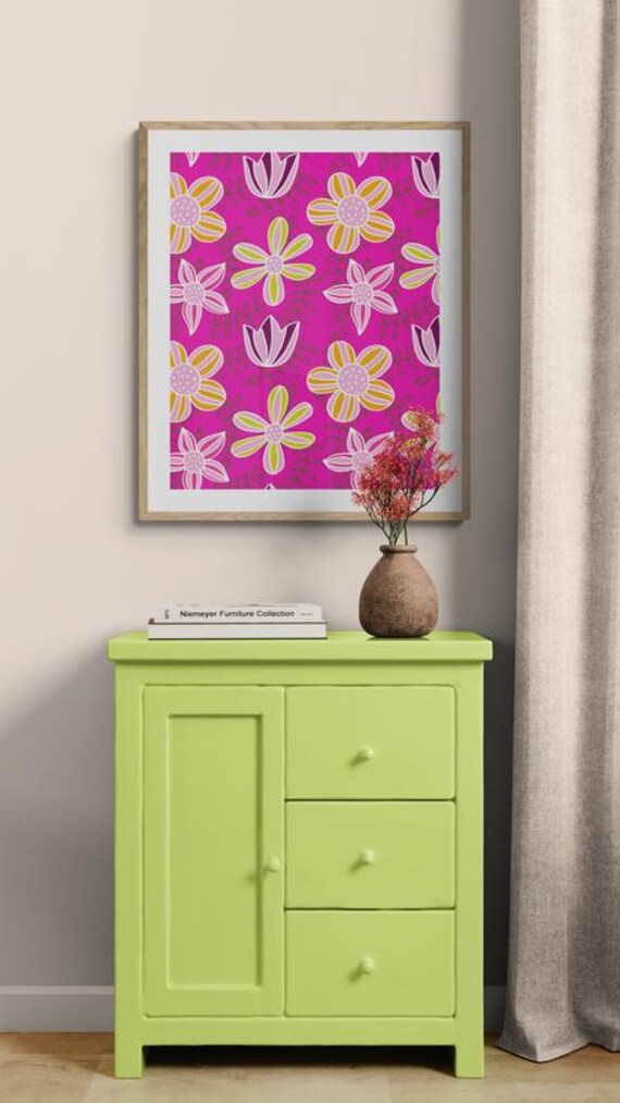Printable colorful retro flowers & foliage pattern on pink, decorative wall art, digital download