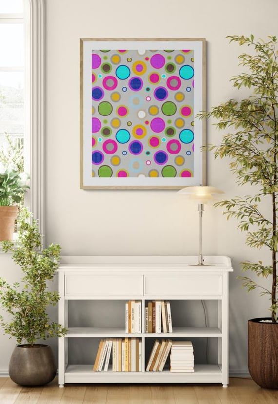 Printable colorful retro circles pattern on gray, decorative wall art, digital download