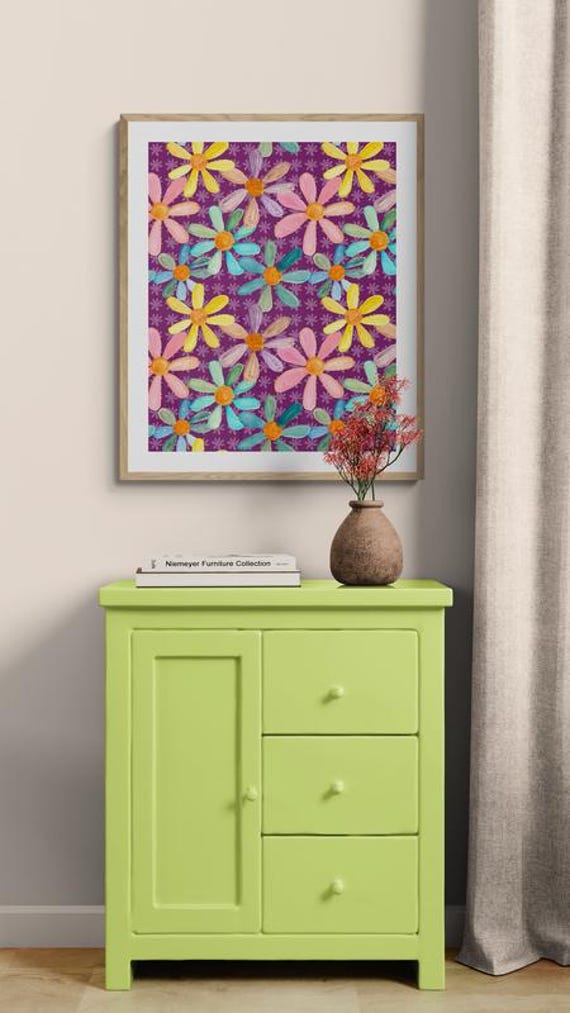Printable colorful watercolor daisies pattern on purple, decorative wall art, digital download