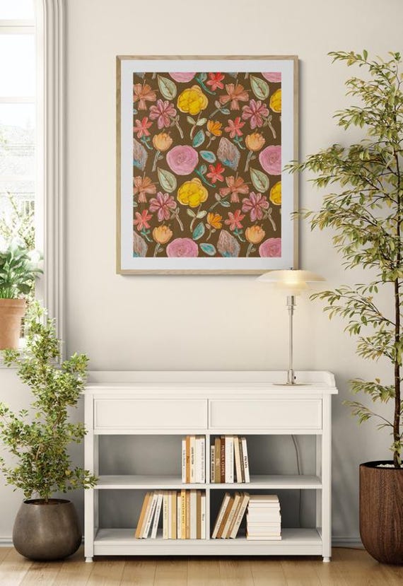 Printable colorful watercolor flowers pattern on brown, decorative wall art, digital download
