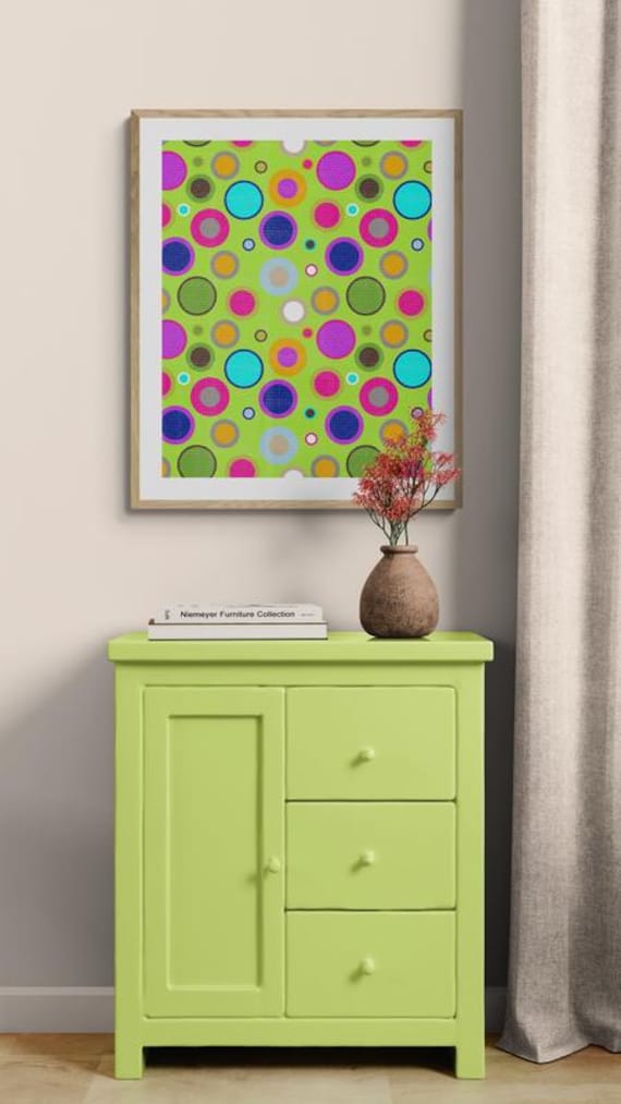 Printable colorful retro circles pattern on lime green, decorative wall art, digital download
