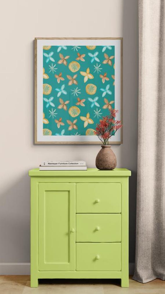 Printable turquoise & sienna watercolor flowers pattern on turquoise, decorative wall art, digital download