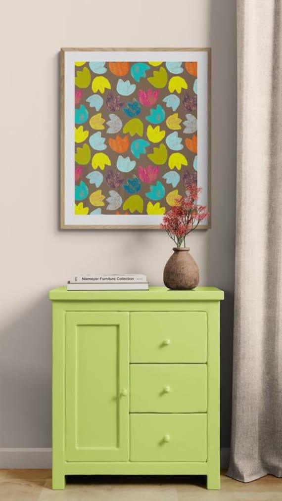 Printable colorful rustic tulips pattern on brown, decorative wall art, digital download