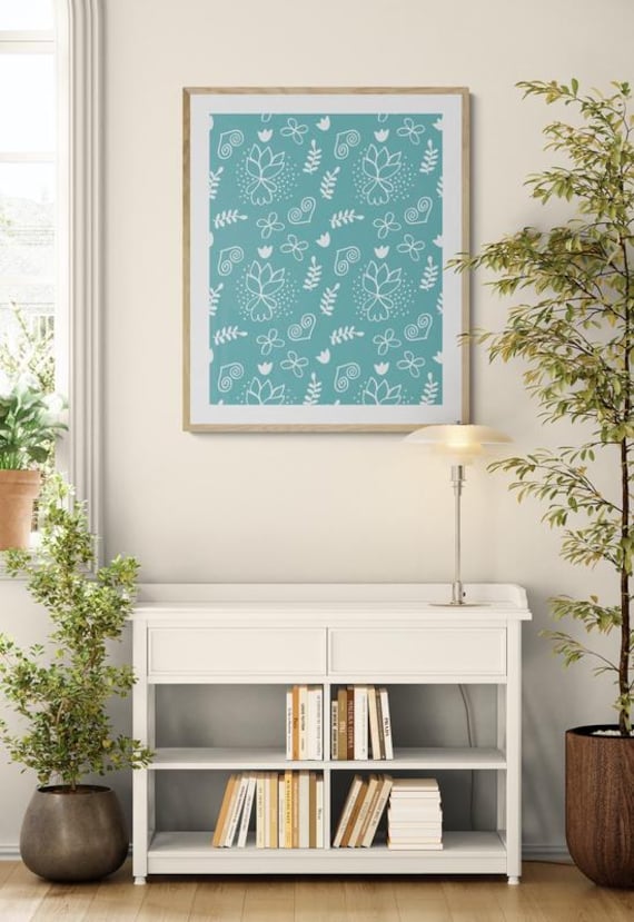 Printable charming white flowers pattern on steel blue, decorative wall art, digital download