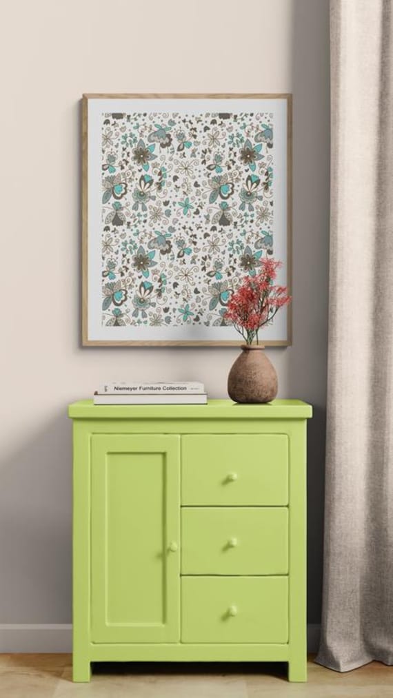Printable whimsical flowers pattern on white, decorative wall art, digital download