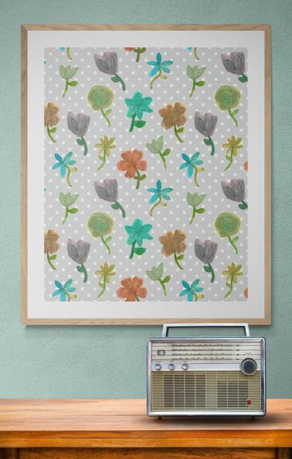 Printable colorful watercolor flowers pattern on gray polka dots, decorative wall art, digital download