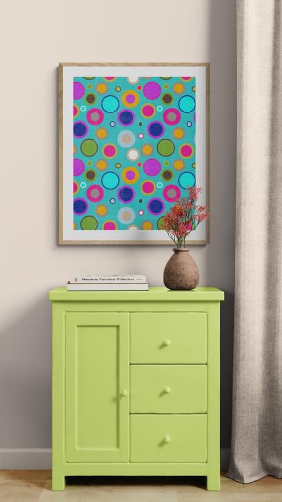 Printable colorful retro circles pattern on turquoise, decorative wall art, digital download