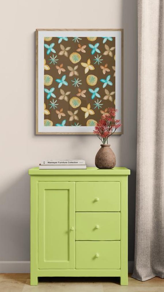 Printable turquoise & sienna watercolor flowers pattern on brown, decorative wall art, digital download