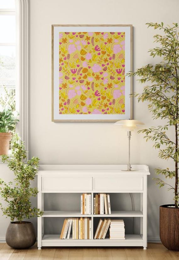 Printable colorful charming flowers pattern on corn yellow, decorative wall art, digital download