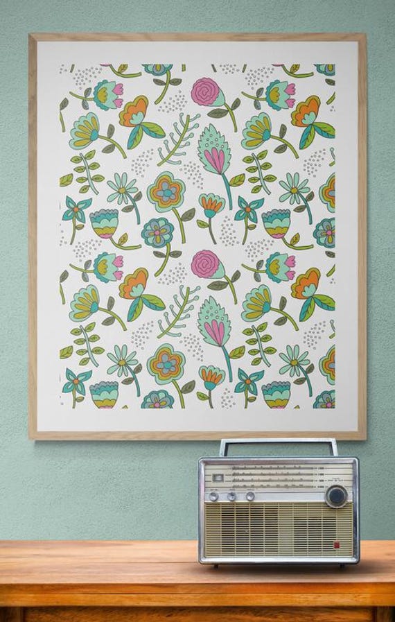 Printable colorful whimsical flowers pattern on white, decorative wall art, digital download