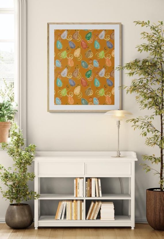 Printable watercolor leaves pattern on burnt orange, decorative wall art, digital download