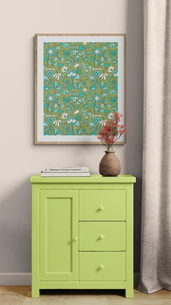 Printable colorful whimsical turquoise flowers pattern on khaki green, decorative wall art, digital download
