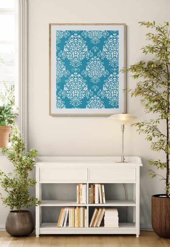 Printable white floral damask pattern on turquoise wall art, digital download