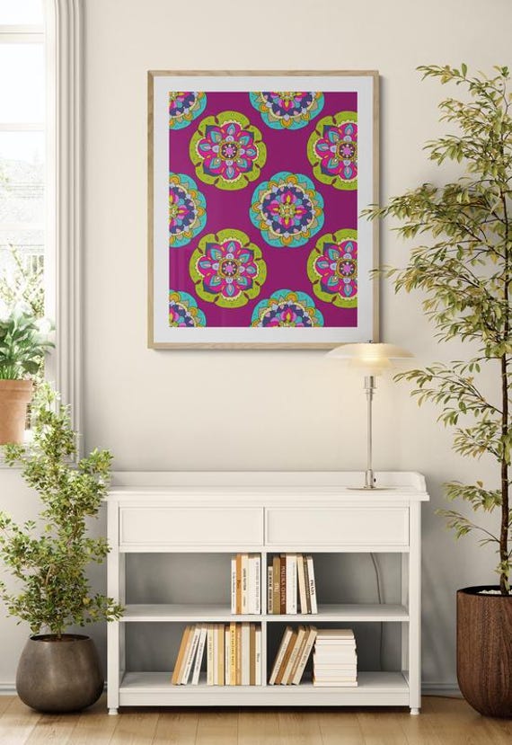 Printable colorful floral mandalas pattern on purple wall art, digital download