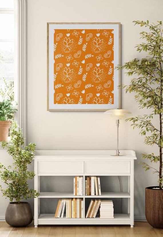 Printable charming white flowers pattern on orange, decorative wall art, digital download